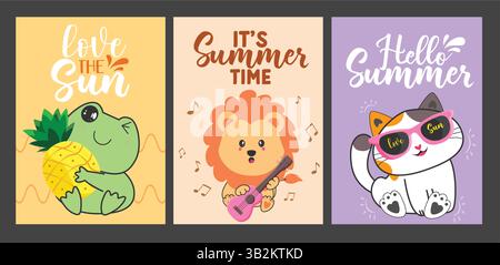 Design des Clipart-Posters für die Sommerbegrüßung. Text zur Sommerzeit mit Zeichentrickfiguren aus Schildkröte, Löwe und Katze für tropischen Urlaub Stock Vektor