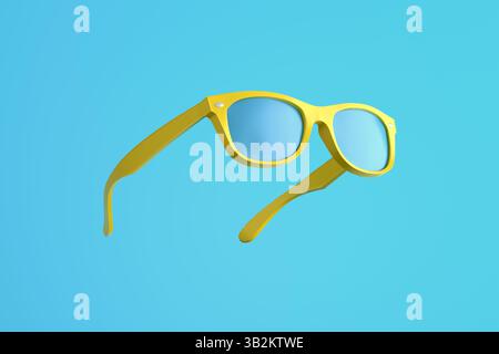Stilvolle gelbe Sonnenbrille mit türkisfarbenen Gläsern schweben vor blauem Hintergrund und erwecken ein Gefühl von Sommerspaß und Entspannung. 3D-Rendering. Stockfoto