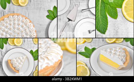 Collage eines Zitronenmeringue-Pie mit Zitronenscheiben und Minzblättern Stockfoto