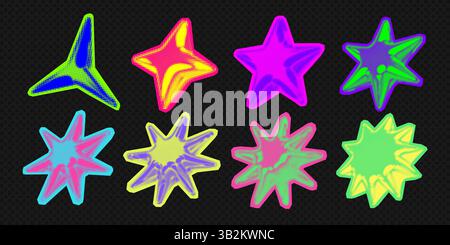 Y2K 3d Punk Neonfarben Hell Chrom Halbtonsterne Form Retro abstrakte Vektor Illustration Sticker Set. Stock Vektor