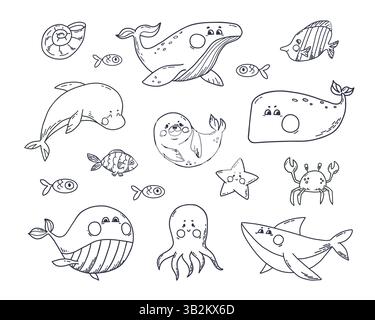 Meerestiere im Doodle-Stil. Unterwassersäugetiere verschiedene Arten Wale, Haie, Robben, Delfine, Tintenfische, Krabbe. Vektorabbildung Stock Vektor