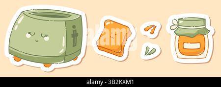 Ein Set niedlicher Aufkleber mit Kaffeematerial in Pastellfarben, darunter ein Toaster, ein Stück Brot, Marmelade und einige kleine Details. Stock Vektor