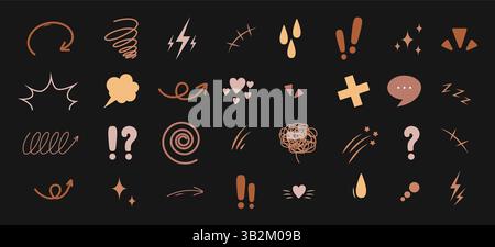 Anime-Emotionseffekt. Kritzeln Sie Anime-Symbole in beigen Farben. Pop-Art-Vektor-Illustration isoliert auf schwarzem Hintergrund Stock Vektor