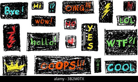 Farbenfrohes Set mit Kritzelmuster in Pastellwachs, Stil mit Kreidetafel. Lustige Schulkunst mit Wörtern wie WOW, COOL, LOL, gezeichnet in leuchtender Kohle Stock Vektor