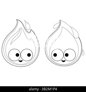 Niedliche Flammen und Wassertropfen. Wassertropfen und Feuerflamme niedlicher Emoji-Zeichentrick isoliert auf weißem Hintergrund. Schwarzweiß-Ausmalseite. Stockfoto