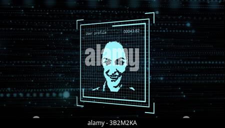 Anzeige des zyanblauen, pixeligen Gesichts-Scans in der digitalen Schnittstelle, mit Profilbeschriftung mit Raster-Overlay Stockfoto