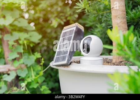 Stromerzeuger-Gadget-Konzept. CCTV Smart-Kamera und Mini-Solarzelle auf großem Topf im Garten. Stockfoto