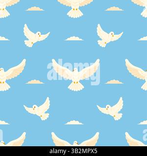 Nahtloses Muster mit weißem Taubenvogel auf hellblauem Hintergrund mit Wolken. Vektorabbildung. Religiöses Symbol Pfingsten, Heiliger Geist der Katholischen Stock Vektor