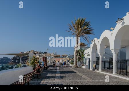 Santorini, Griechenland - 31. August 2024 : Blick auf die Stadtkirche Ypapanti Fira in Santorini Griechenland, eine Palme und Touristen genießen die Aussicht Stockfoto