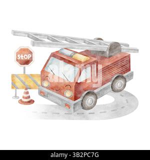 Aquarellillustration Feuerwehr, Stadtverkehr, Autojunge. Komposition mit Straßenschildern, Landstraße handgezeichnet im Cartoon-Stil auf isoliertem Hintergrund Stockfoto