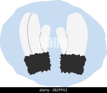 Weiße Fäustlinge mit schwarzem Fell und dekorativen Nähten oben und hinten Ansichtsaufkleber Icon Logo Design Idee. Isolierte Vektor-Illustration Winter thematische Karten Branding Piktogramm, Preisschild oder Web-Werbebanner Stock Vektor