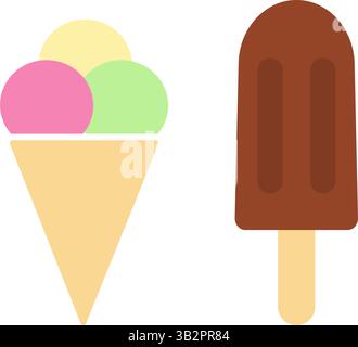 Bunte Eiskugeln in Waffelkegel und Schokoladeneis auf Stick Icon Logo-Ideenset. Isolierte Vektor-Illustration Welt Eiscreme Tag Thematische Karten Aufkleber Druckmaterialien, Flugblätter Stock Vektor