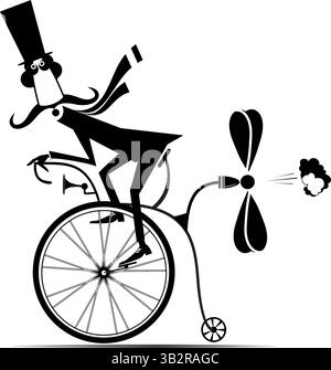 Ein Mann im Tophut fährt auf einem Oldtimer-Fahrrad. Ein fröhlicher, langmuffiger Herr mit dem Hut auf einem Penny-Farthing versucht, schneller mit dem Propeller zu fahren Stock Vektor