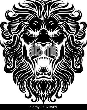 Löwenkopf Holzschnitt Ätzen Im Vintage-Stil Stock Vektor
