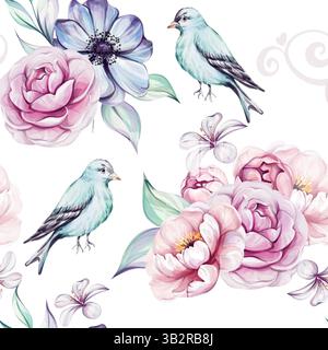 Nahtloses Aquarellmuster mit Vintage-blauem viktorianischem Bart, Frühlingskomposition, rosa Rosen, Pfingstrose, Brunch und Blättern. Romantische Blumen. Für Stockfoto