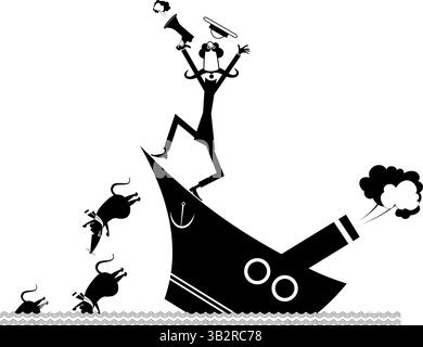 Panik. Captain auf dem sinkenden Schiff. In Panik Captain mit Megaphon. Ratten verlassen ein sinkendes Schiff. Schwarzweiß-Illustration Stock Vektor