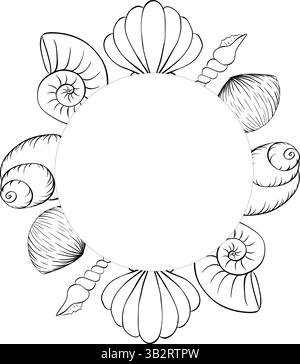 Muscheln, Seesterne kreisrunde Rahmenvorlage für Text. Abbildung der grafischen Vektorfarbe auf weiß isoliert. Runder Kranz mit nautischen Elementen Stock Vektor