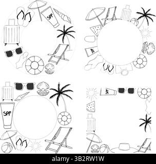 Rahmenvorlage für Strandurlaub für Text festlegen. Abbildung der grafischen Vektorfarbe. Eine Stelle für Text in der Mitte. Bannervorlage für Grußkarten, Stock Vektor