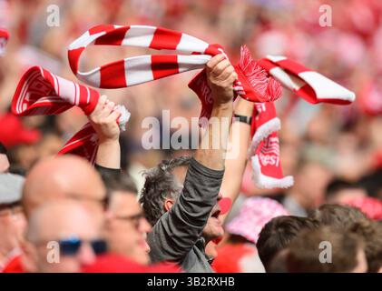 London, Großbritannien. April 2025. Nottingham Forest gegen Manchester City - Halbfinale des FA Cup - Wembley Stadium. Fans des Nottingham Forest in Wembley. Bildnachweis: Mark Pain/Alamy Live News Stockfoto