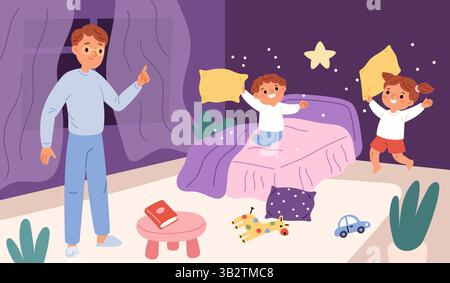 Freche Kinder im Zimmer. Vater zieht reißende Kinder auf, Kissenkampf im Bett, Pyjama-Party, Chaos, aktive Spiele, hyperaktive Jungen und Mädchen Stock Vektor