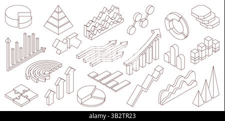 Isometrische Umrissdiagramme. Diagramme zur Datenanalyse, visuelle Geschäftsstatistiken, Diagramme, Torten, Balken und Pfeile, isolierte Informationsvisualisierung Stock Vektor