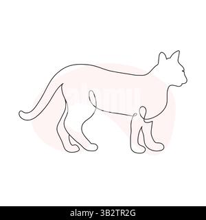 Katzengang im durchgehenden einzeiligen Zeichenstil. Creative Outline Cat Symbolsatz. Minimalistische Konturenkunst der Katze mit einem Farbtupfer auf weiß Stock Vektor