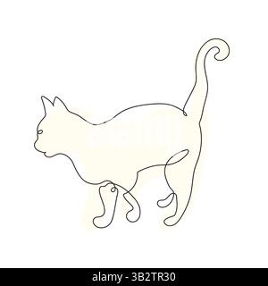 Katze mit geschwungenem Schwanz in durchgehender einzeiliger Zeichenweise. Creative Outline Cat Symbolsatz. Minimalistische Konturenkunst der Katze mit einem Spritzer Farbe isoliert Stock Vektor