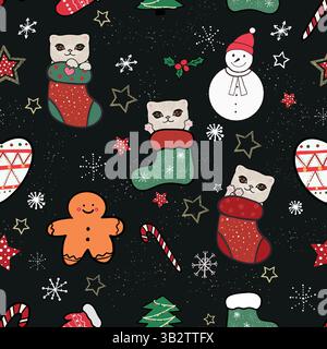 Katze mit weihnachtsmotiv schwarzem Hintergrund Stock Vektor