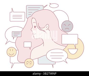 Eine farbenfrohe Illustration, die verschiedene Emotionen und Gespräche in lebhaften Sprechblasen mit ausdrucksstarkem Inhalt zeigt Stock Vektor