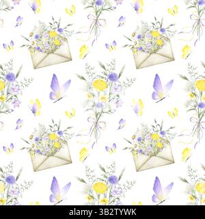 Aquarellgelb Flieder Wildblumen und Schmetterlinge nahtloses Blumenmuster. Feldblumen und Wiesengräser im Blumenstrauß gebundene Schleife und im alten VI Stockfoto