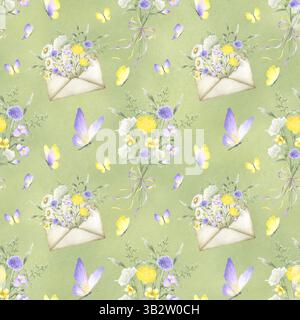 Aquarellgelb Flieder Wildblumen und Schmetterlinge nahtloses Blumenmuster. Feldblumen und Wiesengräser im Blumenstrauß gebundene Schleife und im alten VI Stockfoto