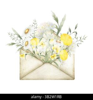 Wildblumen Kamille, Löwenzahn, Schafgarbe, Butterblume und Wiesengräser in alten Vintage-Hüllen. Feldgelbe und weiße Blumen von Hand gezeichnet i Stockfoto