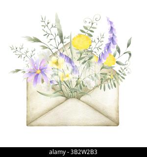 Wasserfarben Wildblumen Löwenzahn, Mäuseerbse, Butterblume, Schafgarbe und Wiesengräser in alten Vintage-Hüllen. Feldgelb, Flieder, weiße Blüten Hand dra Stockfoto