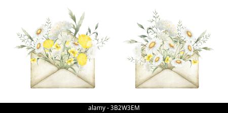 Wildblumen Kamille, Löwenzahn, Schafgarbe, Butterblume und Wiesengräser in alten Vintage-Umschlägen. Feldgelbe und weiße Blumen handgezeichnet Stockfoto