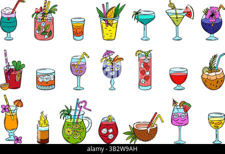 Doodle Beach Cocktails. Handgezeichneter Cocktail mit Früchten, Eiswürfeln. Limonaden, Alkohol und alkoholfreie Getränke. Erfrischungsgetränke neoterischer Vektor Stock Vektor