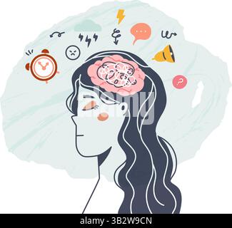 Überdenkendes Mädchen. Müdes weibliches abstraktes Gesicht mit verwirrten Gedanken. Überarbeitende, traurige Frau, Chaos im Kopf und negatives, vektorpsychologisches Konzept Stock Vektor