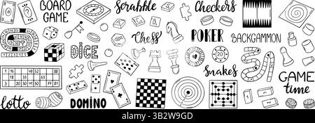 Skizzenbrettspiele. Schwarze Schachfiguren, Scrabble Pocker und Lotto. Isolierte Papierfelder und Bretter für Tischspiele mit Familie oder Freunden, neoterisch Stock Vektor