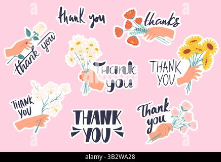 Hände mit Blumen und Schriftzügen. Danke. Thanksgiving-Sätze für Mutter, Eltern, Großmutter, Frau. Geschenkblume, Vektoraufkleber-Pack Stock Vektor