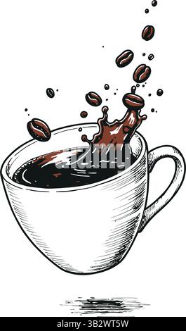Abstrakte Kaffeekunst: Tasse mit fliegenden Bohnen und Spritzer. Kreative Darstellung von Kaffee mit einem Gefühl von Bewegung und Energie. Abstraktes Kaffeekonzept Stock Vektor