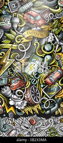 Handgezeichnetes Kritzelbanner für Elektrofahrzeuge. Detaillierter Flyer für Cartoon. Automobil-Identität mit Objekten und Symbolen. Farbvektor-Design-Elemente Backgro Stock Vektor