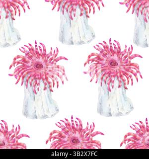 Nahtloses Aquarellmuster mit rosafarbenen Meeresanemonen aus Korallenriffen. Ideal für Stoffdrucke, Schreibwaren, Verpackungen und Dekorationen im maritimen Stil. Stockfoto