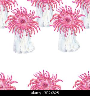 Nahtloses Aquarellmuster mit rosafarbenen Meeresanemonen aus Korallenriffen. Ideal für Stoffdrucke, Schreibwaren, Verpackungen und Dekorationen im maritimen Stil. Stockfoto