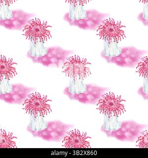 Nahtloses Aquarellmuster mit rosafarbenen Meeresanemonen aus Korallenriffen. Ideal für Stoffdrucke, Schreibwaren, Verpackungen und Dekorationen im maritimen Stil. Stockfoto