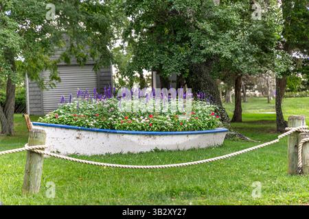 Kleines Boot voller blühender Pflanzen Stockfoto