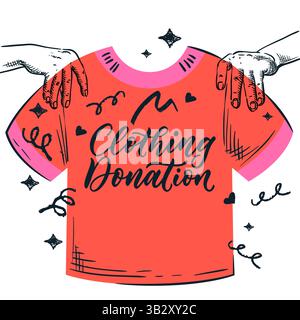 Person mit rotem T-Shirt. Vektorgrafik von Hand gezeichnet. Spende für gebrauchte Kleidung, Banner oder Plakatdesign mit handgezeichneten Kalligrafie-Buchstaben Stock Vektor