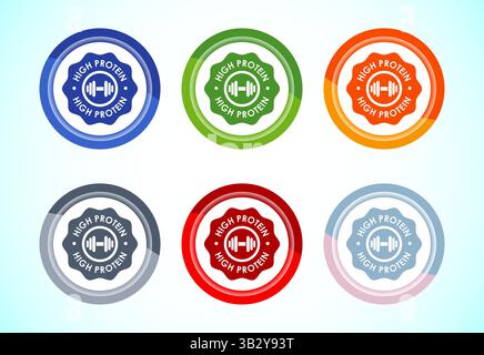 High Protein Symbol Design Illustration, High Protein Label Schild, 6 Farben Knopf Design Set Stock Vektor