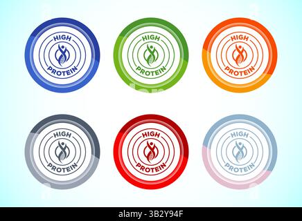 High Protein Symbol Design Illustration, High Protein Label Schild, 6 Farben Knopf Design Set Stock Vektor