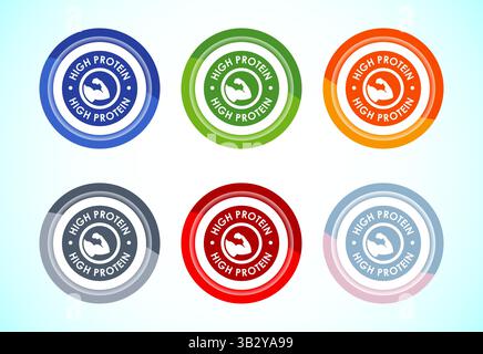 High Protein Symbol Design Illustration, High Protein Label Schild, 6 Farben Knopf Design Set Stock Vektor
