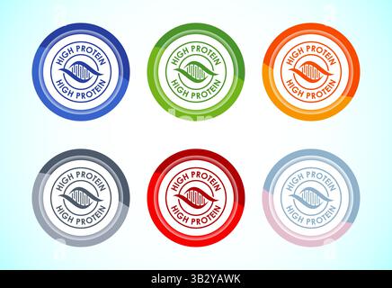 High Protein Symbol Design Illustration, High Protein Label Schild, 6 Farben Knopf Design Set Stock Vektor