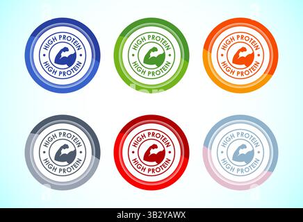 High Protein Symbol Design Illustration, High Protein Label Schild, 6 Farben Knopf Design Set Stock Vektor